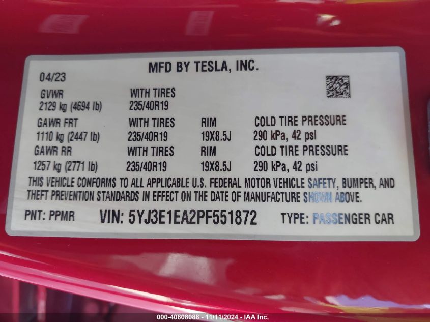 VIN 5YJ3E1EA2PF551872 2023 Tesla Model 3, Rear-Whee... no.9