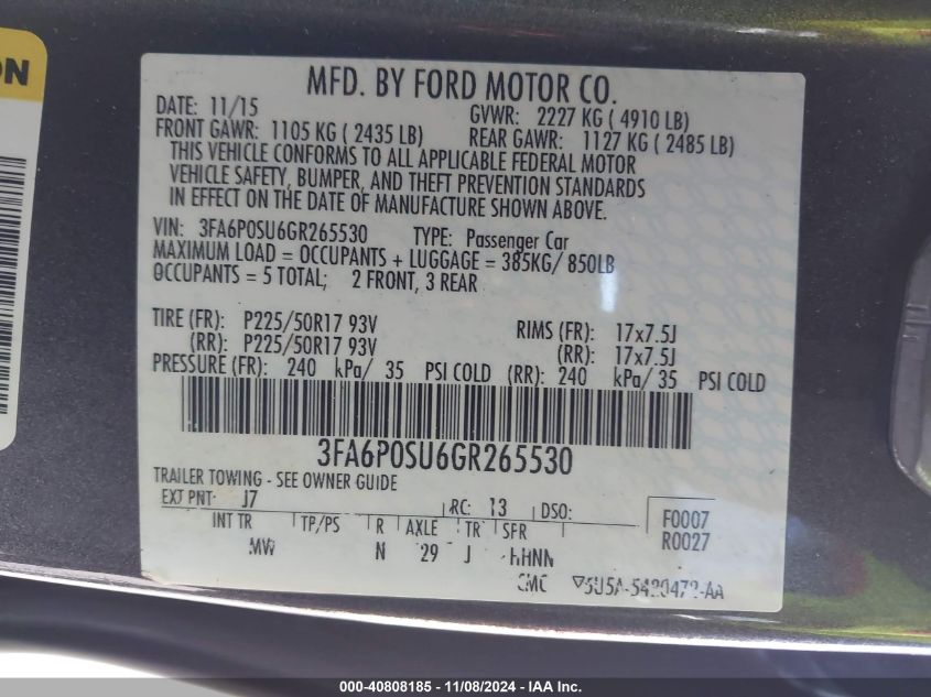 2016 Ford Fusion Energi Titanium VIN: 3FA6P0SU6GR265530 Lot: 40808185