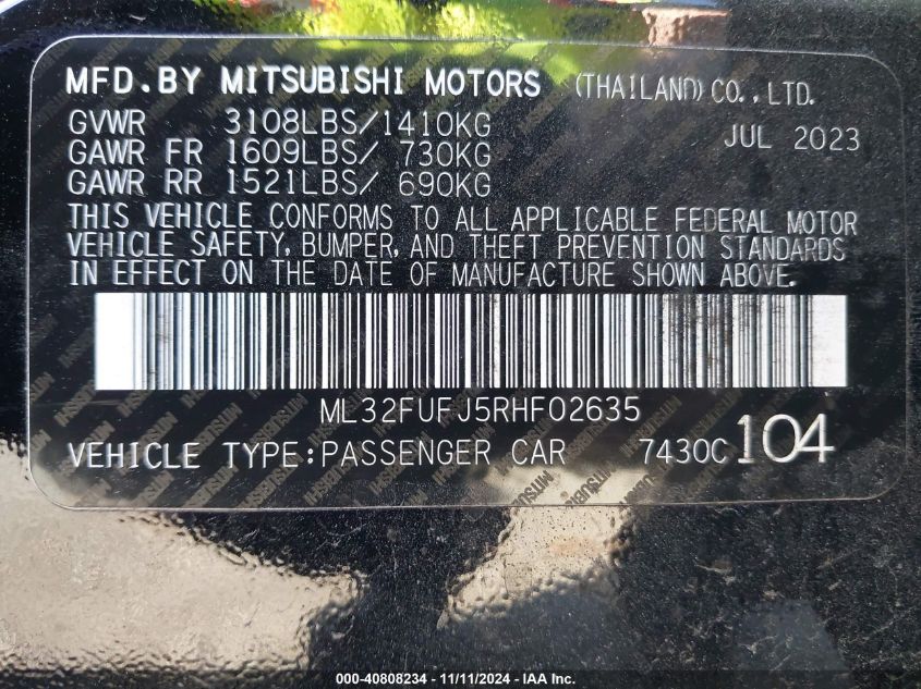 2024 Mitsubishi Mirage G4 Es/G4 Le/G4 Black Edition VIN: ML32FUFJ5RHF02635 Lot: 40808234