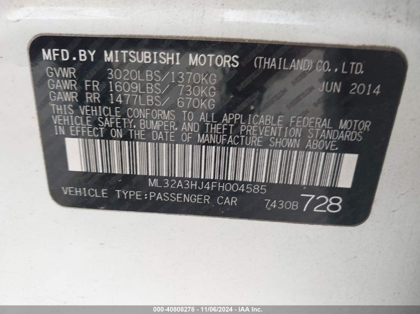 2015 Mitsubishi Mirage De/Rf VIN: ML32A3HJ4FH004585 Lot: 40808278