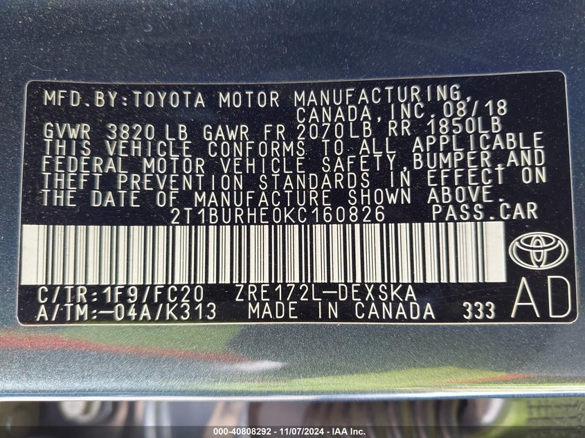 VIN 2T1BURHE0KC160826 2019 TOYOTA COROLLA SE