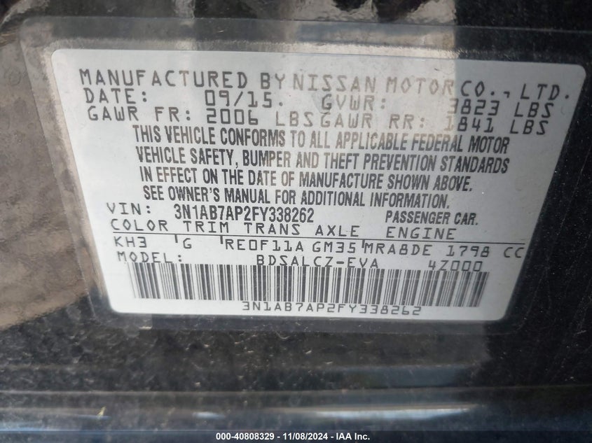2015 NISSAN SENTRA S VIN: 3N1AB7AP2FY338262