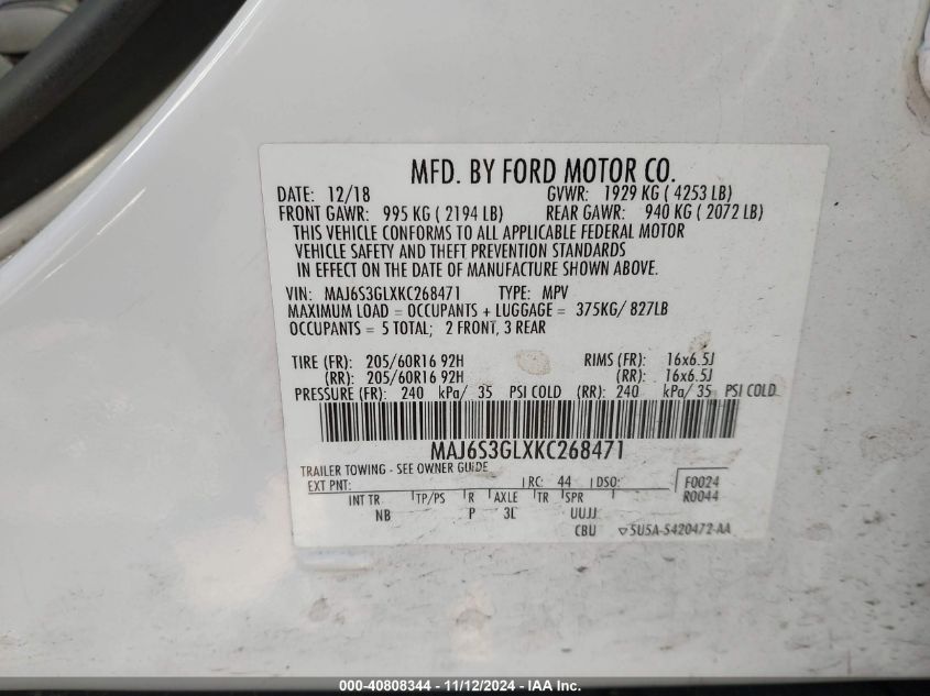 VIN MAJ6S3GLXKC268471 2019 FORD ECOSPORT SE