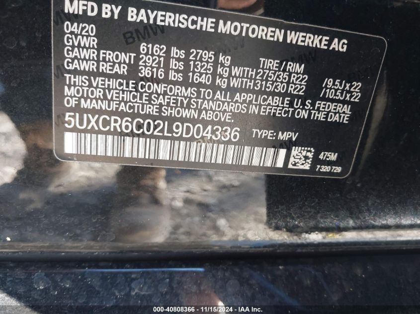 2020 BMW X5 xDrive40I VIN: 5UXCR6C02L9D04336 Lot: 40808366