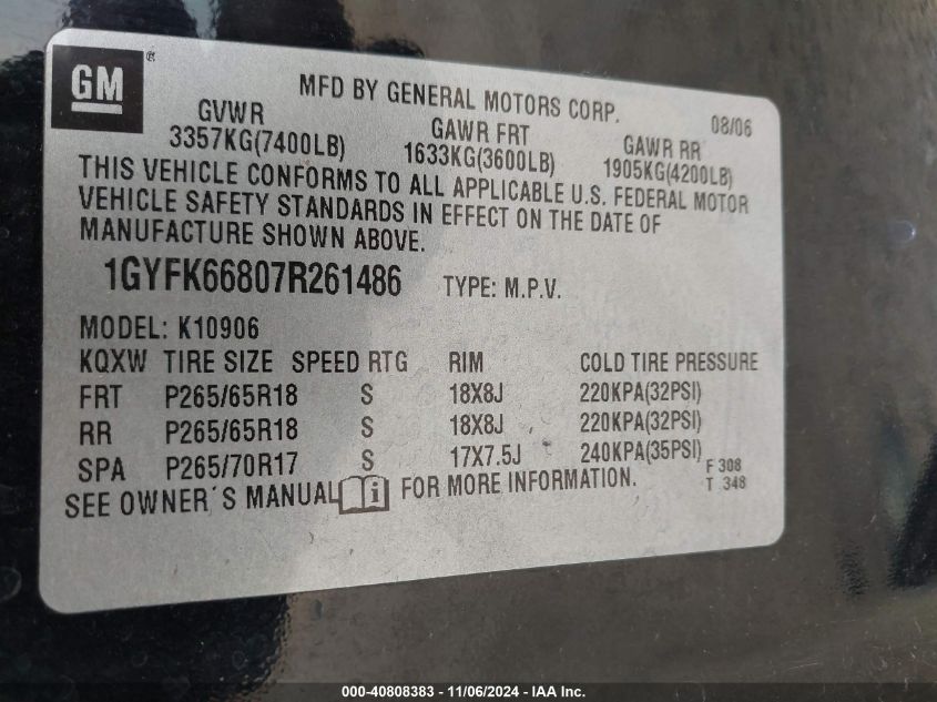 2007 Cadillac Escalade Esv Standard VIN: 1GYFK66807R261486 Lot: 40808383