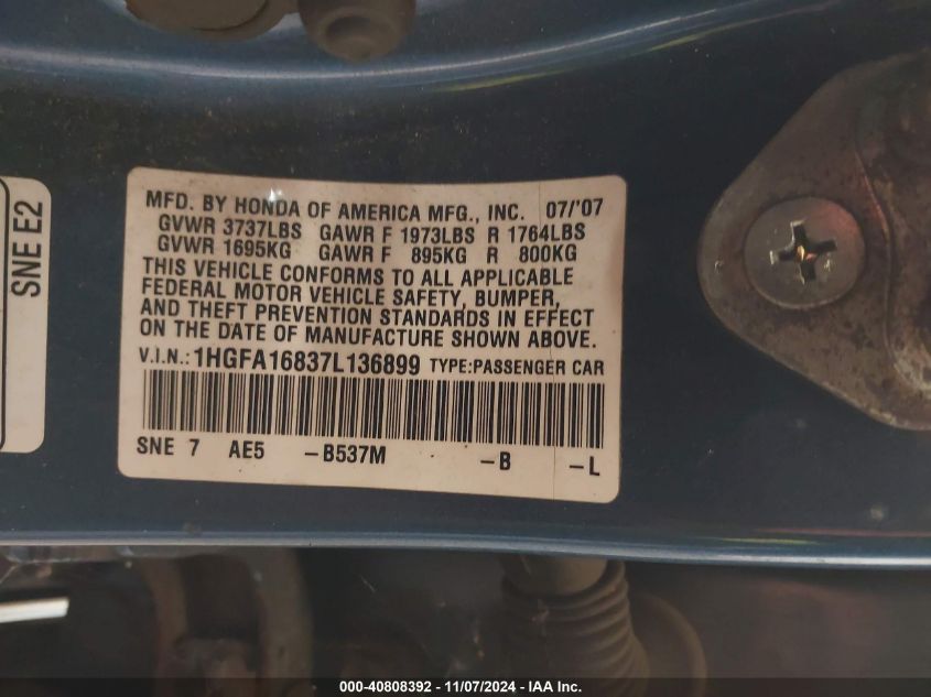 2007 HONDA CIVIC VIN: 1HGFA16837L136899