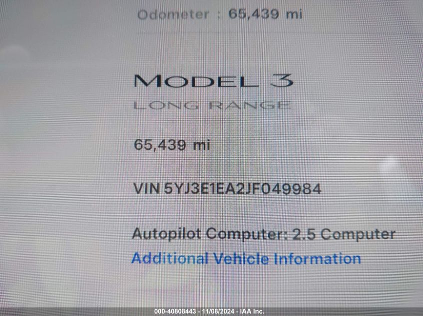 2018 Tesla Model 3 Long Range/Mid Range VIN: 5YJ3E1EA2JF049984 Lot: 40808443