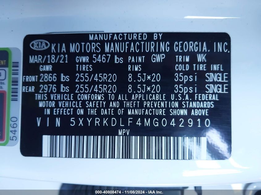 2021 Kia Sorento Sx VIN: 5XYRKDLF4MG042910 Lot: 40808474