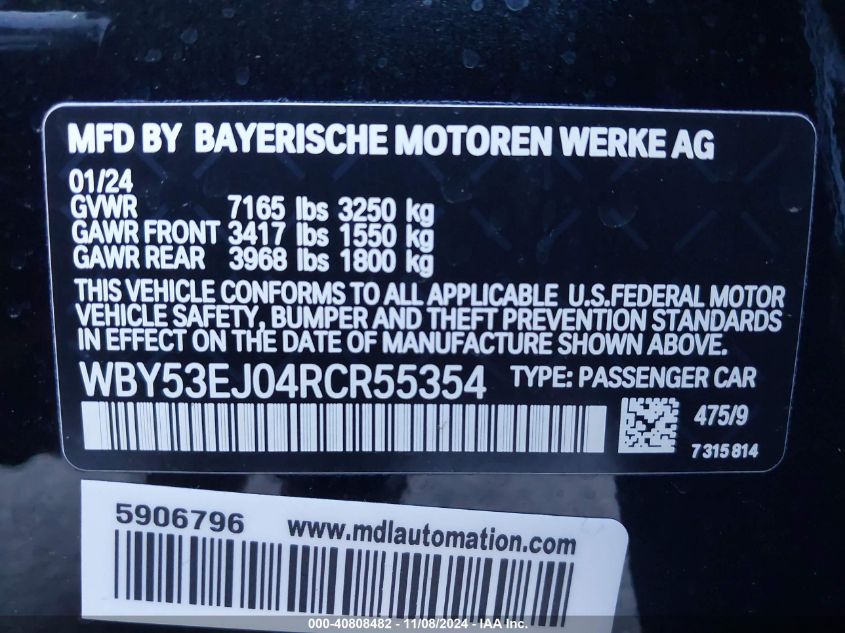 2024 BMW I7 xDrive60 VIN: WBY53EJ04RCR55354 Lot: 40808482