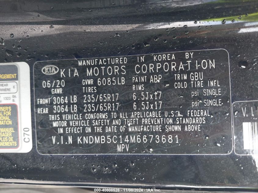 2021 Kia Sedona Lx VIN: KNDMB5C14M6673681 Lot: 40808528