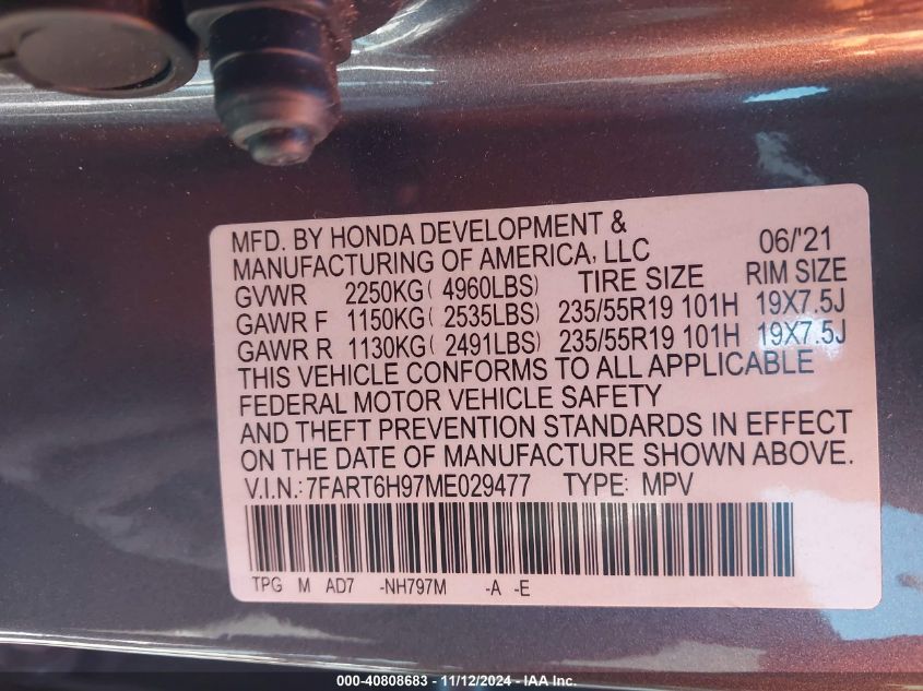 2021 Honda Cr-V Hybrid Touring VIN: 7FART6H97ME029477 Lot: 40808683