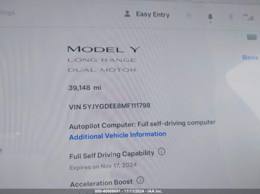 2021 Tesla Model Y Long Range Dual Motor All-Wheel Drive VIN: 5YJYGDEE8MF111798 Lot: 40808691