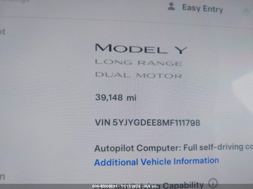 2021 Tesla Model Y Long Range Dual Motor All-Wheel Drive VIN: 5YJYGDEE8MF111798 Lot: 40808691