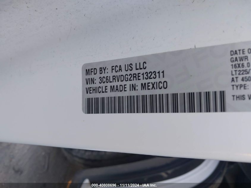 2024 Ram Promaster 2500 Tradesman High Roof 159 Wb W/Pass Seat VIN: 3C6LRVDG2RE132311 Lot: 40808696