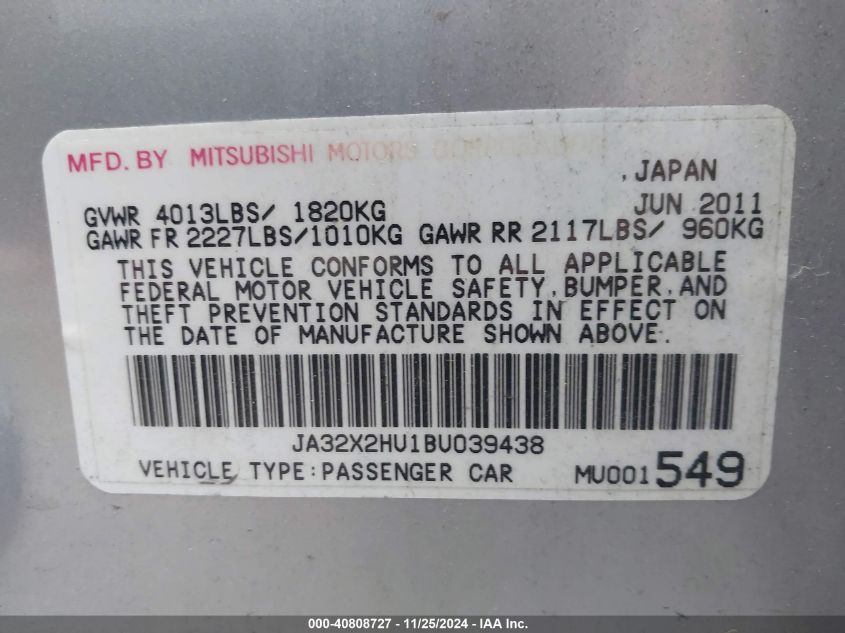 2011 Mitsubishi Lancer Es VIN: JA32X2HU1BU039438 Lot: 40808727