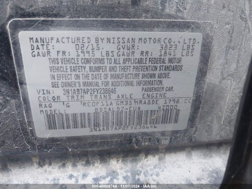 2015 NISSAN SENTRA VIN: 3N1AB7AP2FY238646