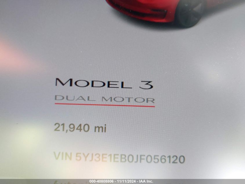 2018 Tesla Model 3 VIN: 5YJ3E1EB0JF056120 Lot: 40808806