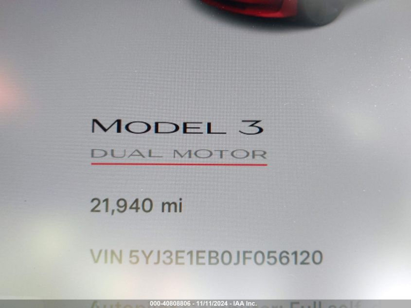 2018 Tesla Model 3 VIN: 5YJ3E1EB0JF056120 Lot: 40808806