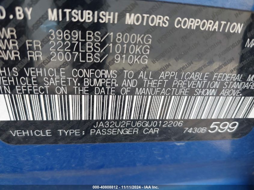 2016 Mitsubishi Lancer Es VIN: JA32U2FU6GU012206 Lot: 40808812