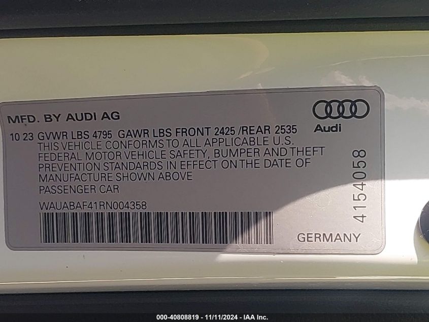 2024 Audi A4 Premium 40 Tfsi Quattro S Tronic VIN: WAUABAF41RN004358 Lot: 40808819