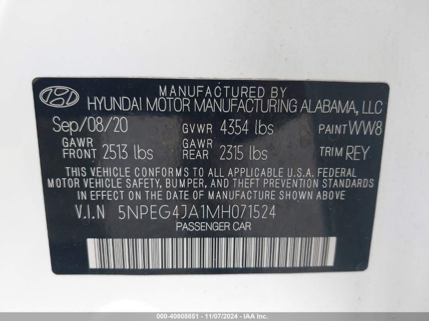 2021 Hyundai Sonata Se VIN: 5NPEG4JA1MH071524 Lot: 40808851