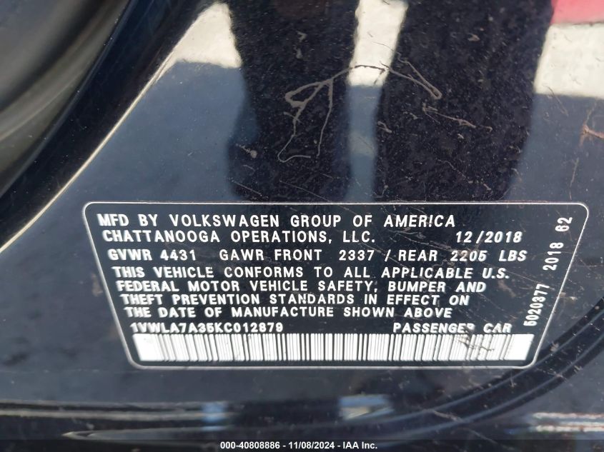 2019 Volkswagen Passat 2.0T Wolfsburg Edition VIN: 1VWLA7A35KC012879 Lot: 40808886