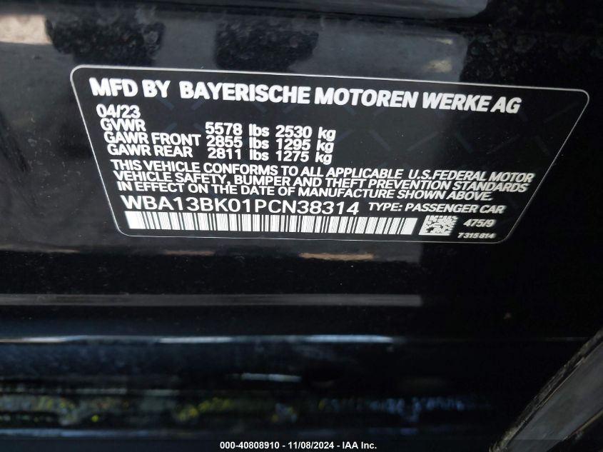 2023 BMW M550 I xDrive VIN: WBA13BK01PCN38314 Lot: 40808910