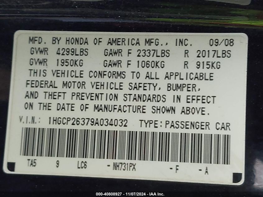 2009 Honda Accord 2.4 Lx VIN: 1HGCP26379A034032 Lot: 40808927