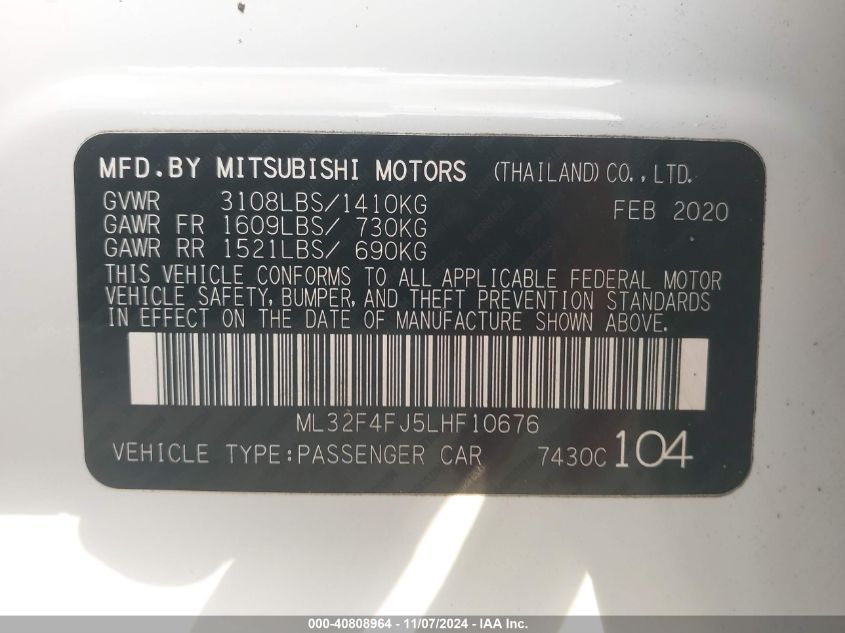 2020 Mitsubishi Mirage G4 Le VIN: ML32F4FJ5LHF10676 Lot: 40808964