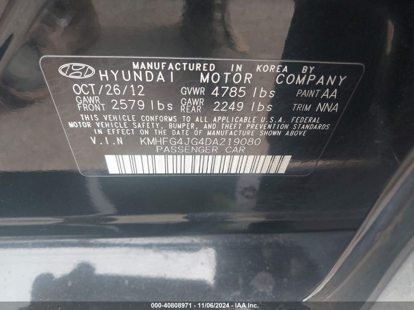 2013 Hyundai Azera VIN: KMHFG4JG4DA219080 Lot: 40808971