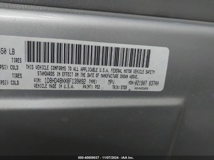 2008 Dodge Durango Slt VIN: 1D8HD48NX8F139092 Lot: 40809037