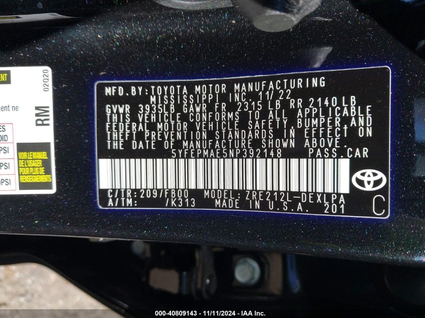 2022 TOYOTA COROLLA VIN: 5YFEPMAE5NP392148
