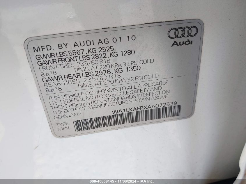 2010 Audi Q5 3.2 Premium VIN: WA1LKAFPXAA072539 Lot: 40809145