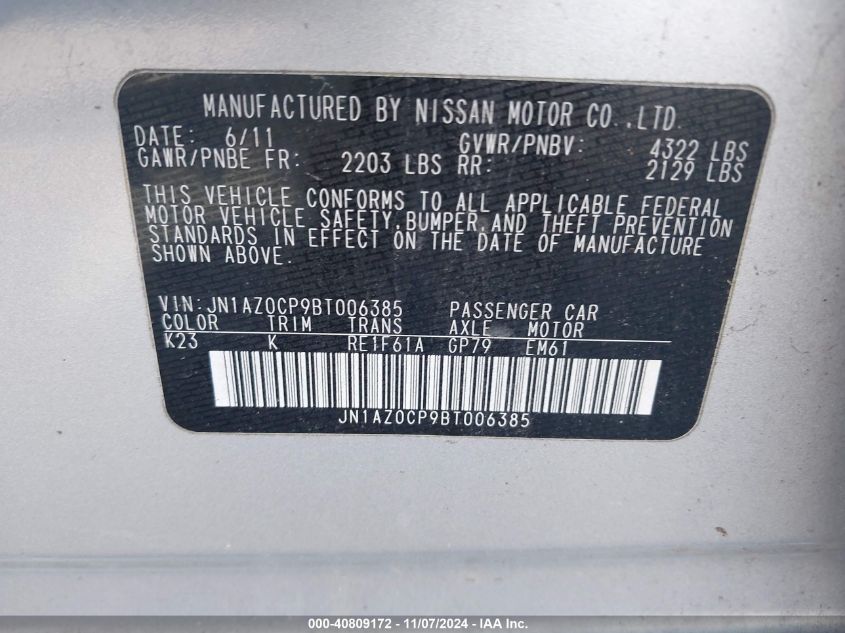 2011 Nissan Leaf Sl VIN: JN1AZ0CP9BT006385 Lot: 40809172