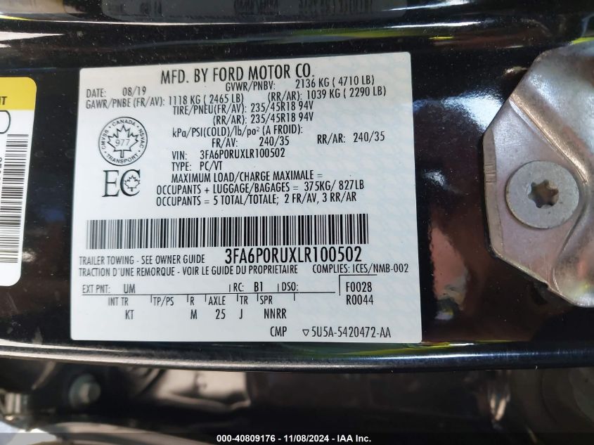 2020 Ford Fusion Hybrid Titanium VIN: 3FA6P0RUXLR100502 Lot: 40809176