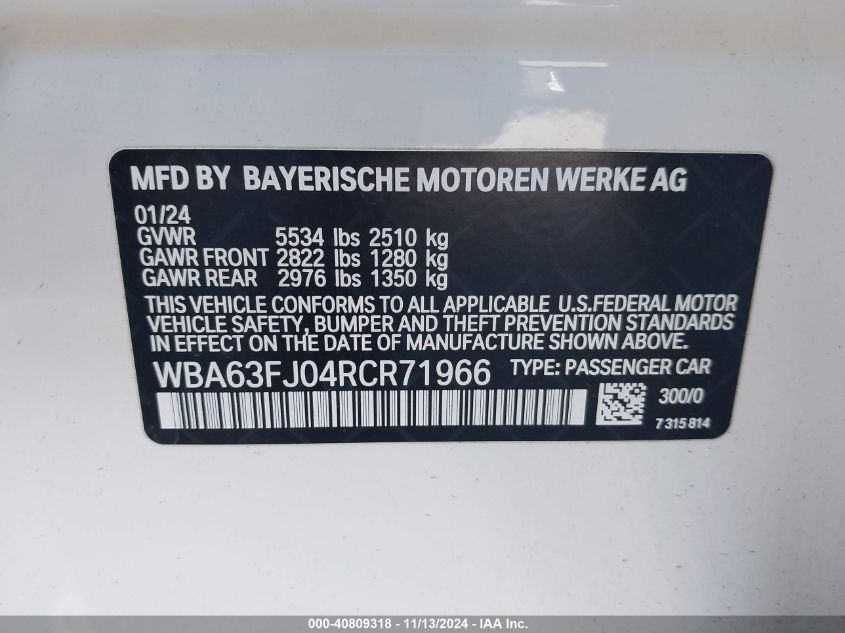 VIN WBA63FJ04RCR71966 2024 BMW 5 Series, 540 I Xdrive no.9