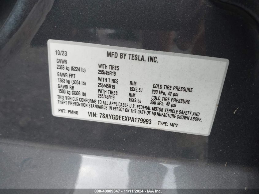 2023 Tesla Model Y VIN: 7SAYGDEEXPA179993 Lot: 40809347