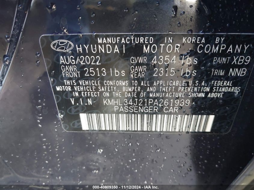 2023 Hyundai Sonata Limited VIN: KMHL34J21PA261939 Lot: 40809350