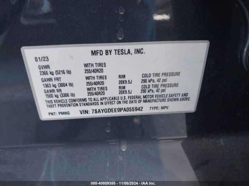 2023 Tesla Model Y Awd/Long Range Dual Motor All-Wheel Drive VIN: 7SAYGDEE9PA055942 Lot: 40809355