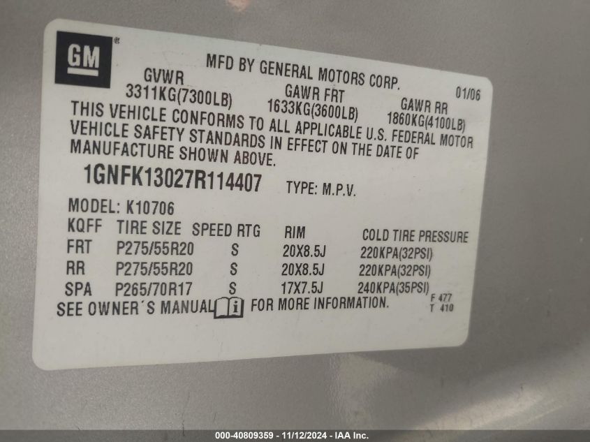 2007 Chevrolet Tahoe Ltz VIN: 1GNFK13027R114407 Lot: 40809359