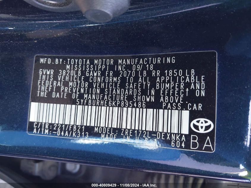 2019 TOYOTA COROLLA L/LE/XLE/SE/XSE - 5YFBURHE6KP895486