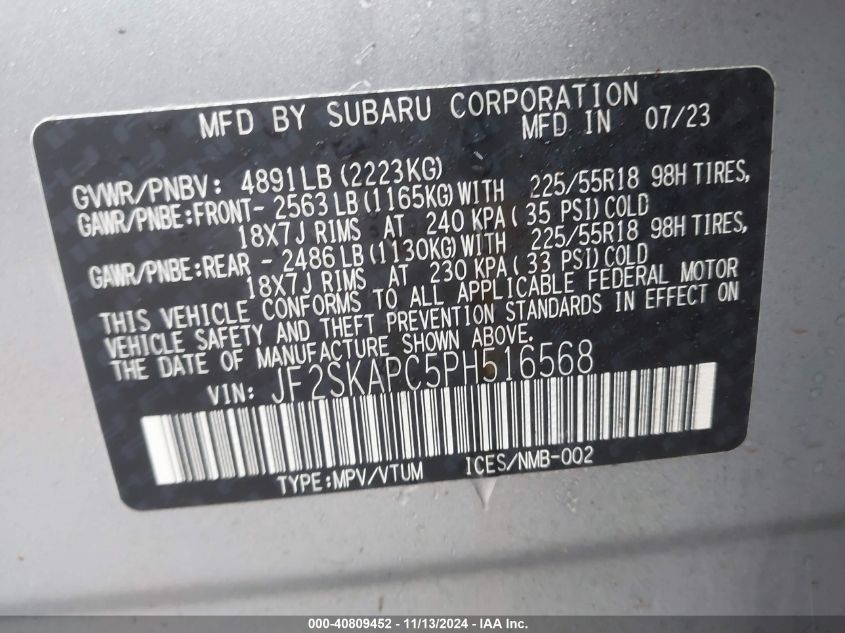 2023 Subaru Forester Limited VIN: JF2SKAPC5PH516568 Lot: 40809452