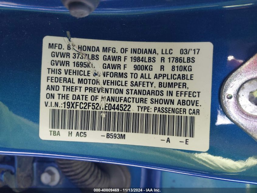 2017 Honda Civic Lx VIN: 19XFC2F52HE044522 Lot: 40809469