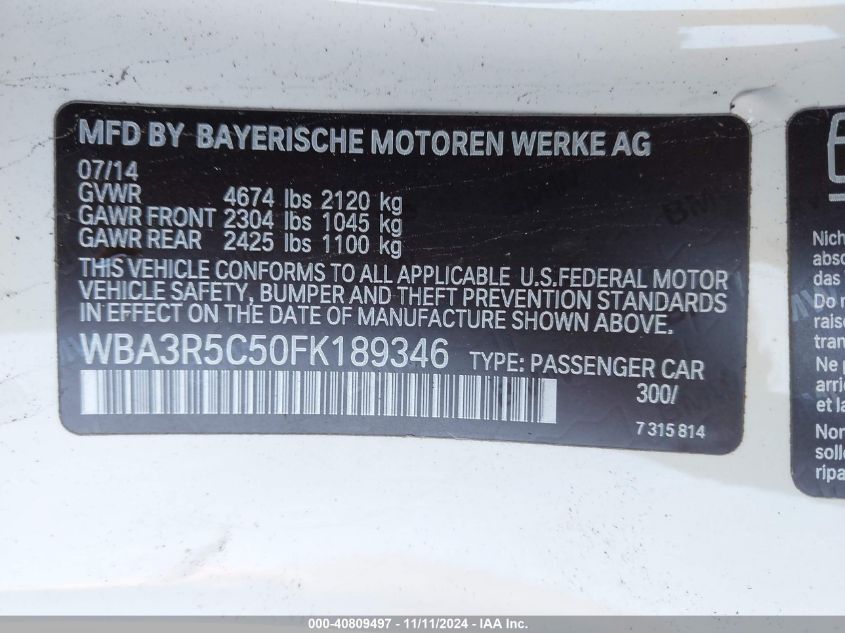 2015 BMW 435 Xi VIN: WBA3R5C50FK189346 Lot: 40809497