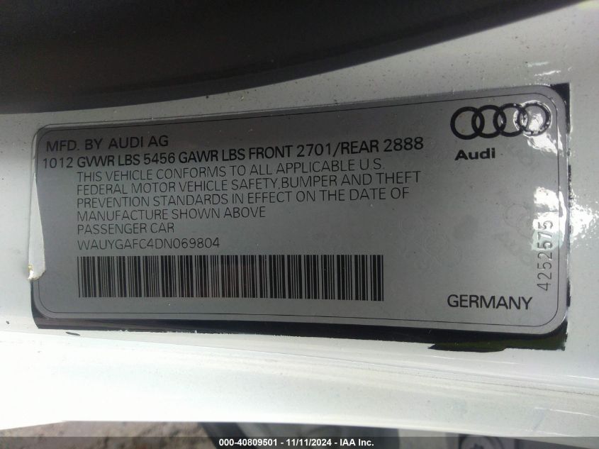 2013 Audi A7 3.0T Premium VIN: WAUYGAFC4DN069804 Lot: 40809501