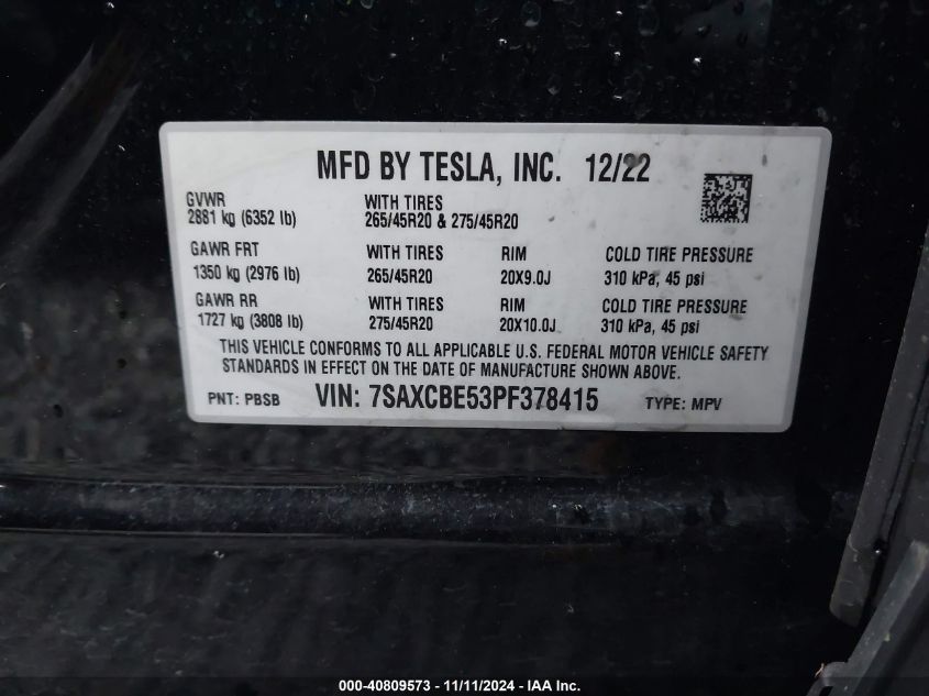 2023 Tesla Model X Dual Motor All-Wheel Drive/Standard Range VIN: 7SAXCBE53PF378415 Lot: 40809573