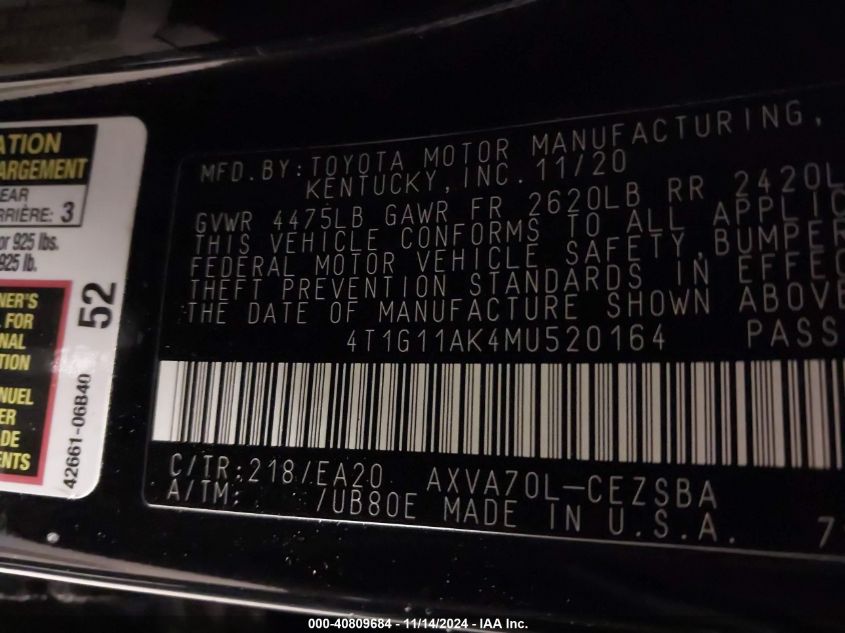 2021 TOYOTA CAMRY SE - 4T1G11AK4MU520164