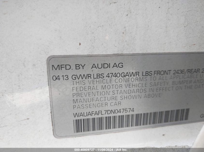 2013 Audi A4 2.0T Premium VIN: WAUAFAFL7DN047574 Lot: 40809727