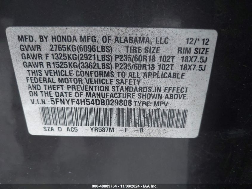 2013 Honda Pilot Ex-L VIN: 5FNYF4H54DB029808 Lot: 40809764