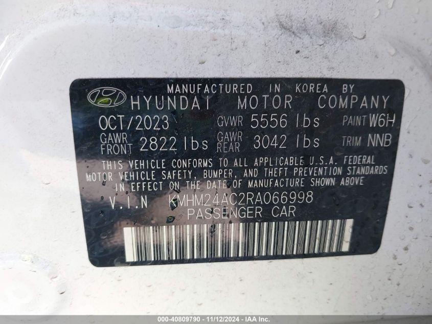 2024 Hyundai Ioniq 6 Se VIN: KMHM24AC2RA066998 Lot: 40809790